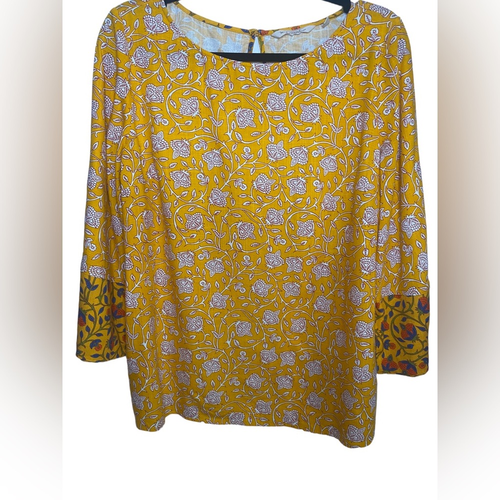 Soft Surroundings |‎ Medium Linen Blend Yellow Floral 3/4 length top
